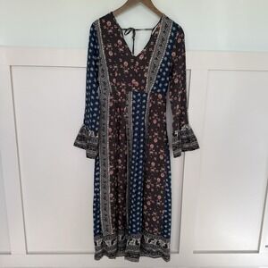 Loveriche Patchwork Maxi Dress MED Handkerchief Bell Sleeve Slit Boho Hippie